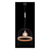 Industriële hanglamp met zwarte metalen kooikap en touwaccent, vooraanzicht met zichtbare LED filamentlamp, hangend aan zwarte ketting en plafondplaat.