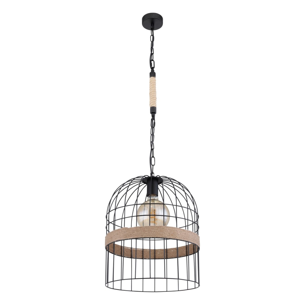 Industriële hanglamp in vogelkooi-design met zwart metalen frame en jute touwaccent, frontaal aanzicht.