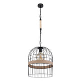 Industriële hanglamp in vogelkooi-design met zwart metalen frame en jute touwaccent, frontaal aanzicht.
