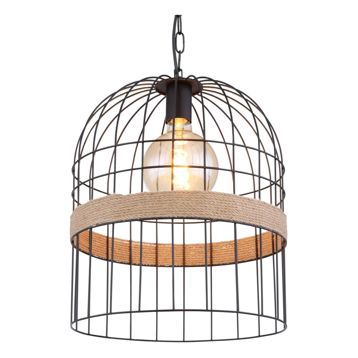 Industriële hanglamp in vogelkooi design met metalen frame en touwafwerking, vooraanzicht met zichtbare LED filamentlamp.