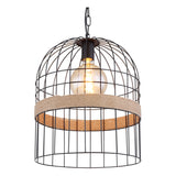 Industriële hanglamp in vogelkooi design met metalen frame en touwafwerking, vooraanzicht met zichtbare LED filamentlamp.