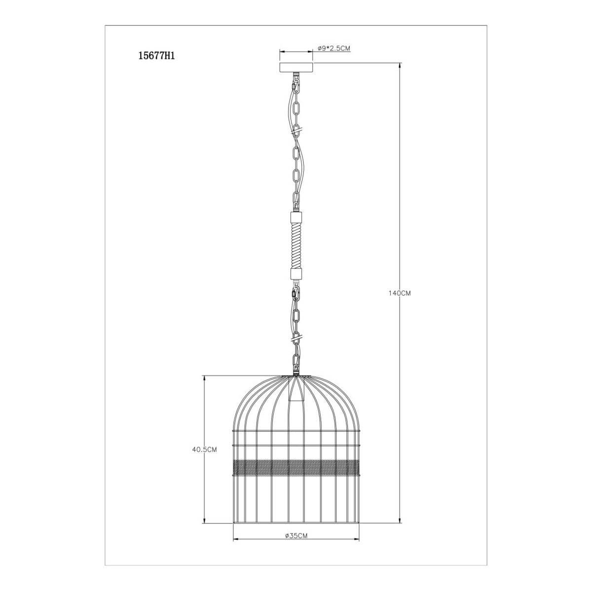 Technische lijntekening van hanglamp model 15677H1 in vooraanzicht, met afmetingen van de plafondplaat, kettinglengte en lampenkap; de lamp heeft een ronde kooi-vormige kap van 35 cm diameter en 40,5 cm hoogte, met een totale lengte van 140 cm.