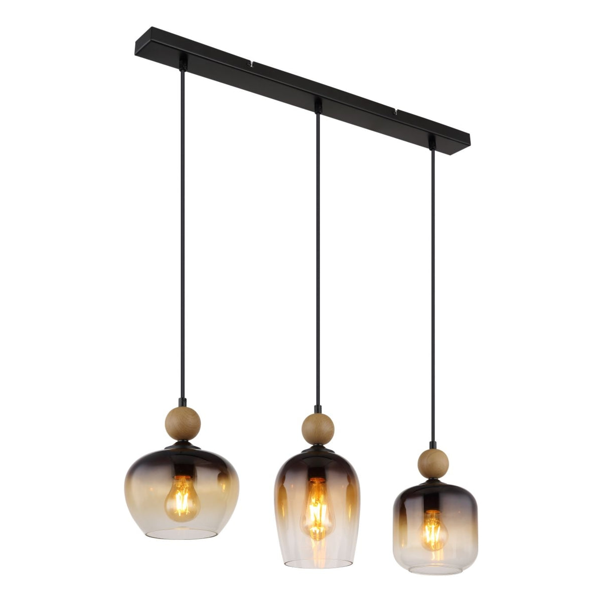 Hanglamp Trio Smoke Glas en Hout - vooraanzicht van moderne hanglamp met drie glazen lampenkappen in smoke kleur en houten details, bevestigd aan een zwarte plafondbalk.