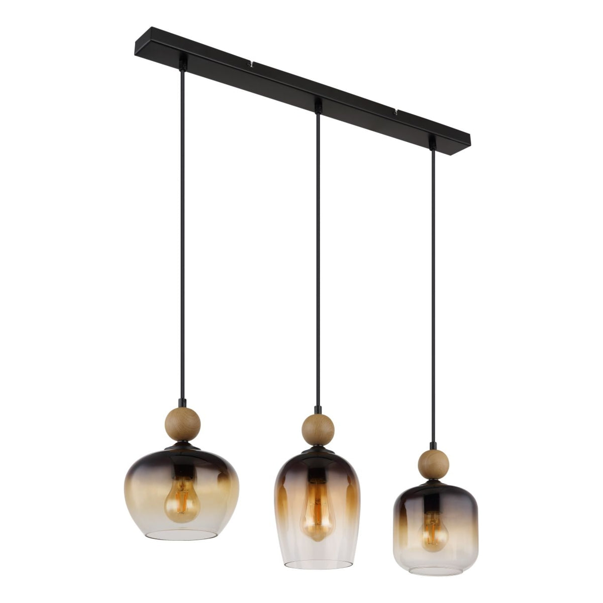 Hanglamp met drie glazen kappen in amberkleurige gradient, bevestigd aan een zwarte plafondstrip met houten accenten – vooraanzicht.