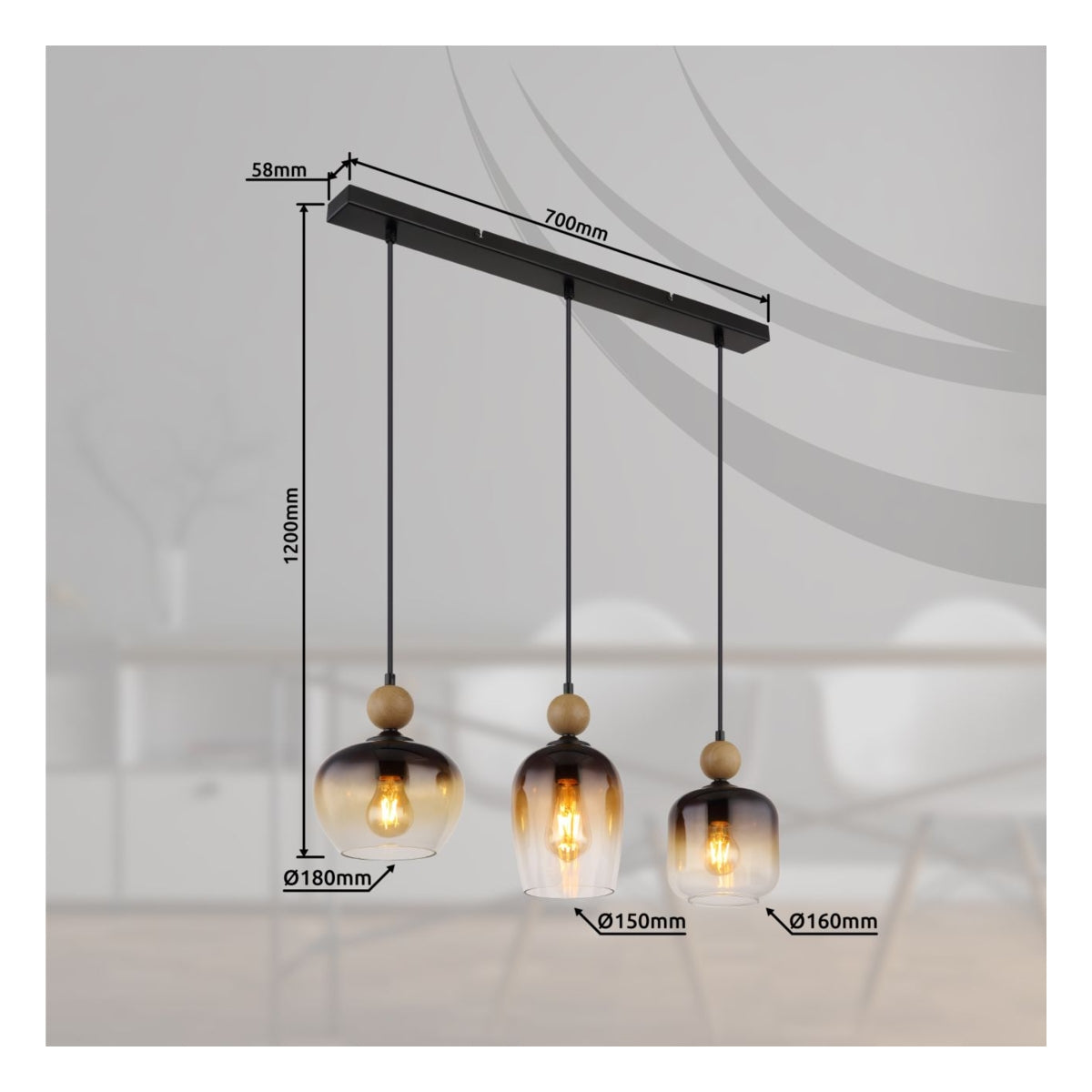 Hanglamp met drie glazen lampenkappen in verschillende vormen en afmetingen (Ø180mm, Ø150mm, Ø160mm), bevestigd aan een zwarte plafondplaat van 700mm breed; vooraanzicht met maatvoering en sfeervolle verlichting, geschikt voor moderne interieurs.