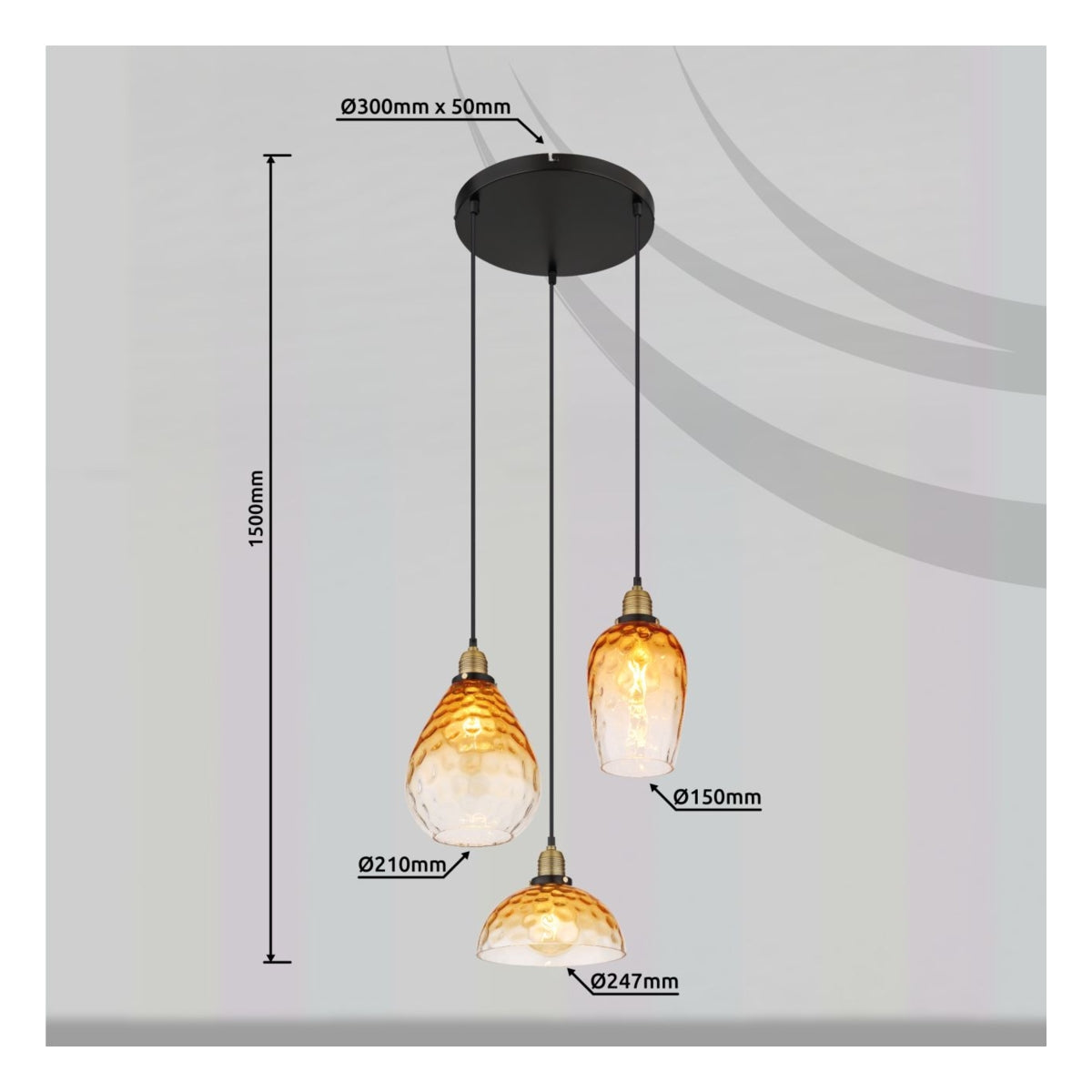 Hanglamp met drie amberkleurige glazen kappen in verschillende vormen en afmetingen, zichtbaar vanuit een vooraanzicht, met afmetingen duidelijk aangegeven: plafondplaat Ø300mm x 50mm, totale hoogte 1500mm, glazen kappen met diameters Ø150mm, Ø210mm en Ø247mm.