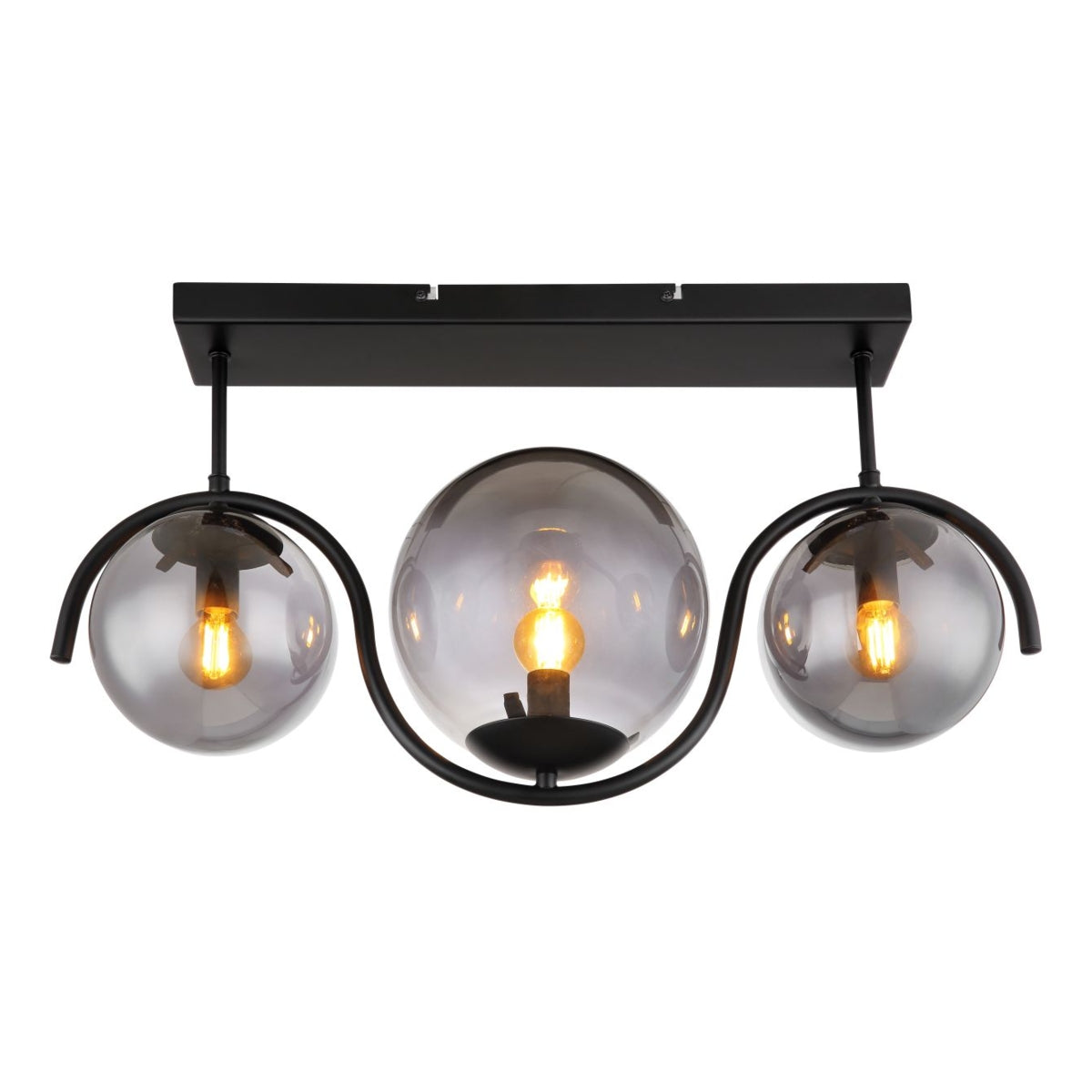 Zwarte plafondlamp met drie rookglazen bollen en zichtbare filamentlampen, vooraanzicht.