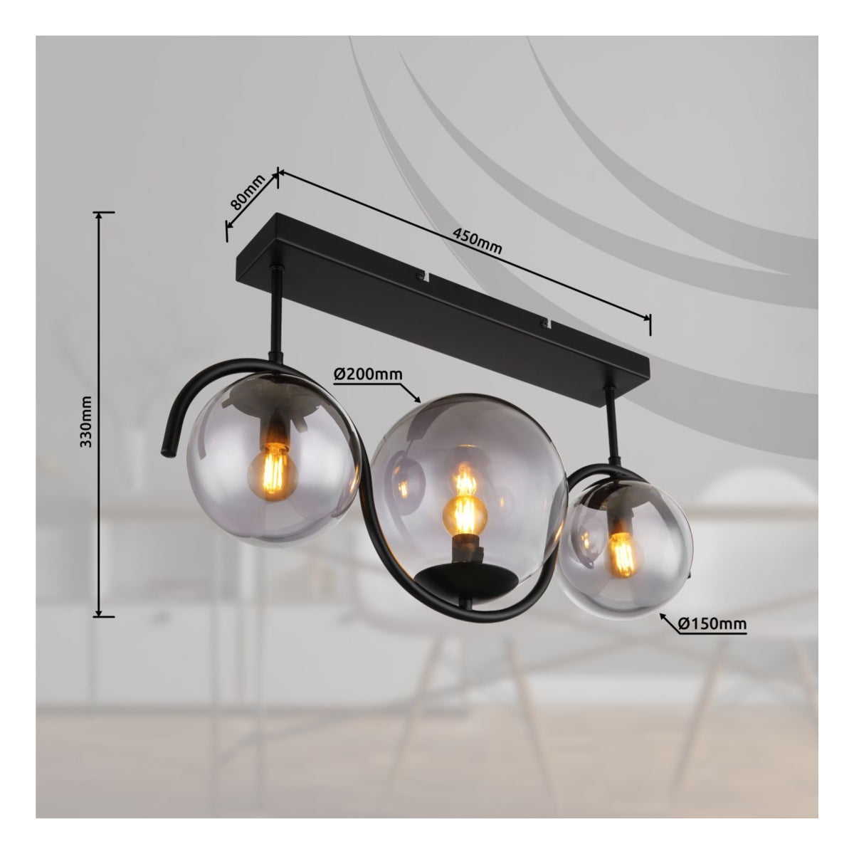 Moderne zwarte plafondlamp met drie glazen bollen en zichtbare filamentlampen, vooraanzicht met afmetingen: hoogte 330 mm, breedte 450 mm, glazen bollen Ø200 mm en Ø150 mm, ideaal voor industriële of eigentijdse interieurs.