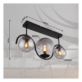 Moderne zwarte plafondlamp met drie glazen bollen en zichtbare filamentlampen, vooraanzicht met afmetingen: hoogte 330 mm, breedte 450 mm, glazen bollen Ø200 mm en Ø150 mm, ideaal voor industriële of eigentijdse interieurs.