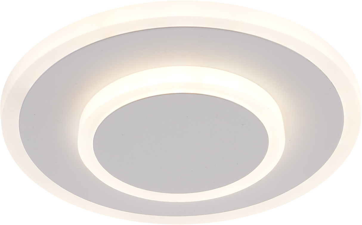 Ronde moderne plafondlamp met geïntegreerde LED-verlichting, wit design met dubbele lichtcirkel, onderaanzicht.