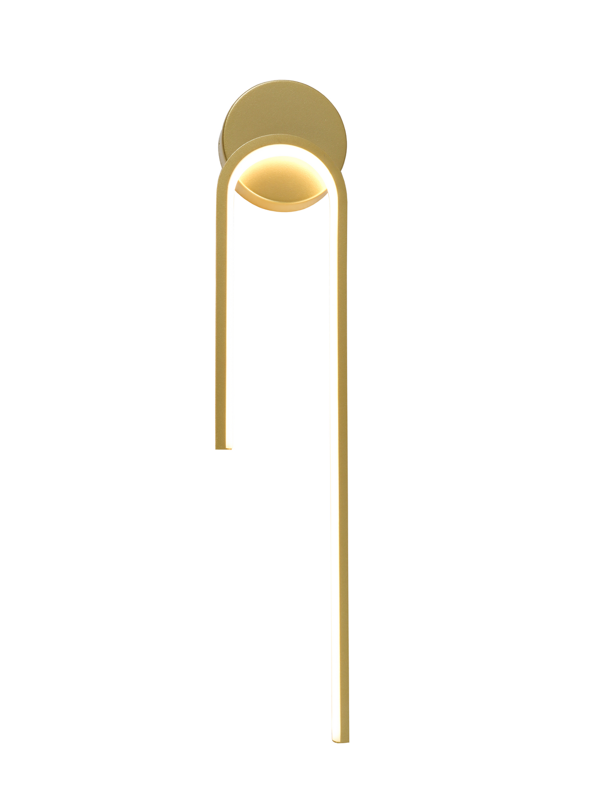Moderne gouden wandlamp met minimalistisch design en geïntegreerde LED-verlichting, vooraanzicht.
