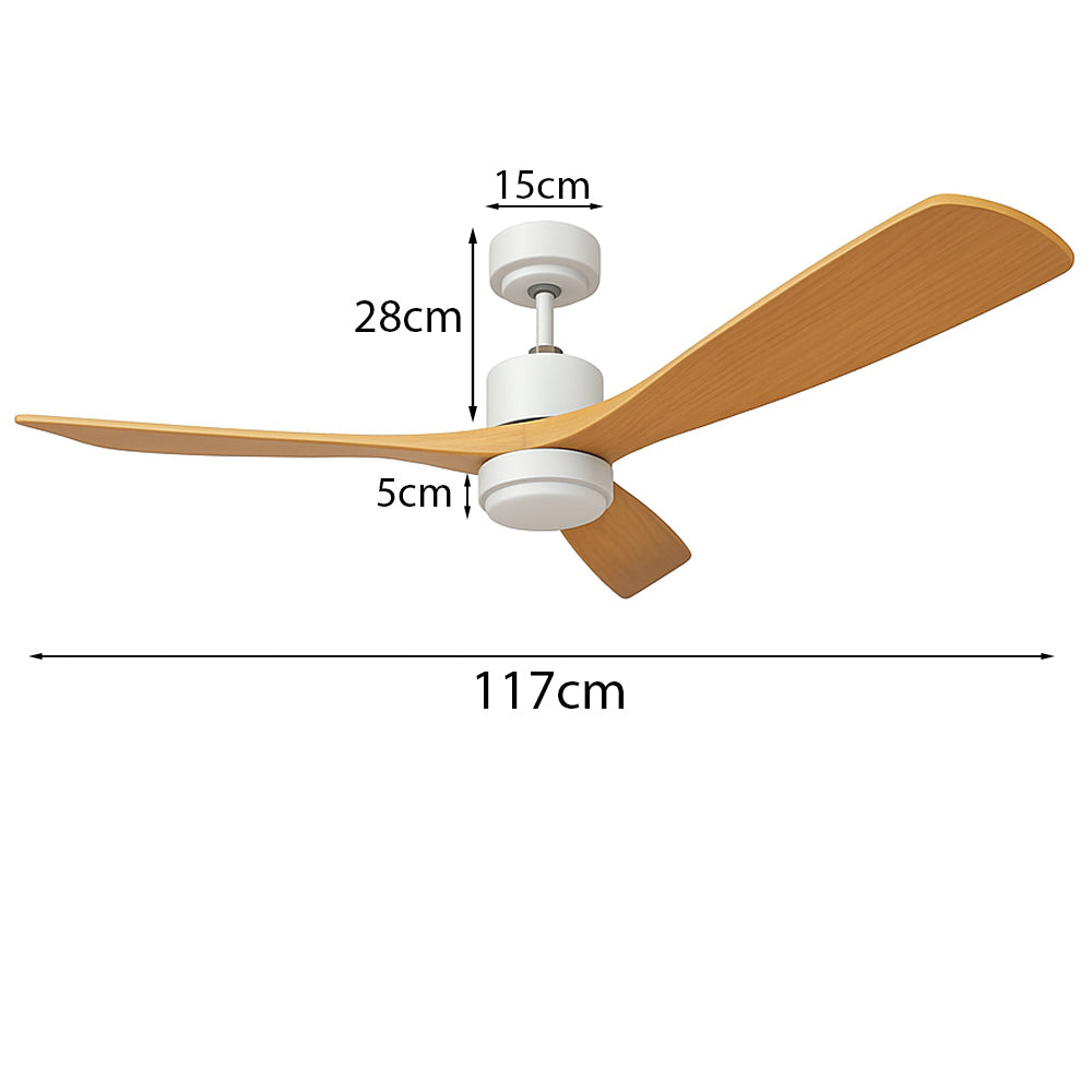 Moderne plafondventilator met houten bladen en witte motorbehuizing, zijaanzicht met afmetingen: 117 cm breed, 28 cm hoog, en 15 cm plafondbevestiging.