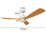 Moderne plafondventilator met houten bladen en witte motorbehuizing, zijaanzicht met afmetingen: 117 cm breed, 28 cm hoog, en 15 cm plafondbevestiging.