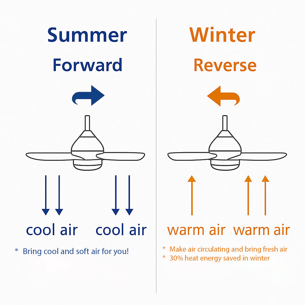Bovenaanzicht van een plafondventilator met seizoensinstellingen, die de luchtstroomrichting toont voor zomer (voorwaartse rotatie voor koele lucht) en winter (omgekeerde rotatie voor warme luchtcirculatie), inclusief bijbehorende voordelen zoals energiebesparing.