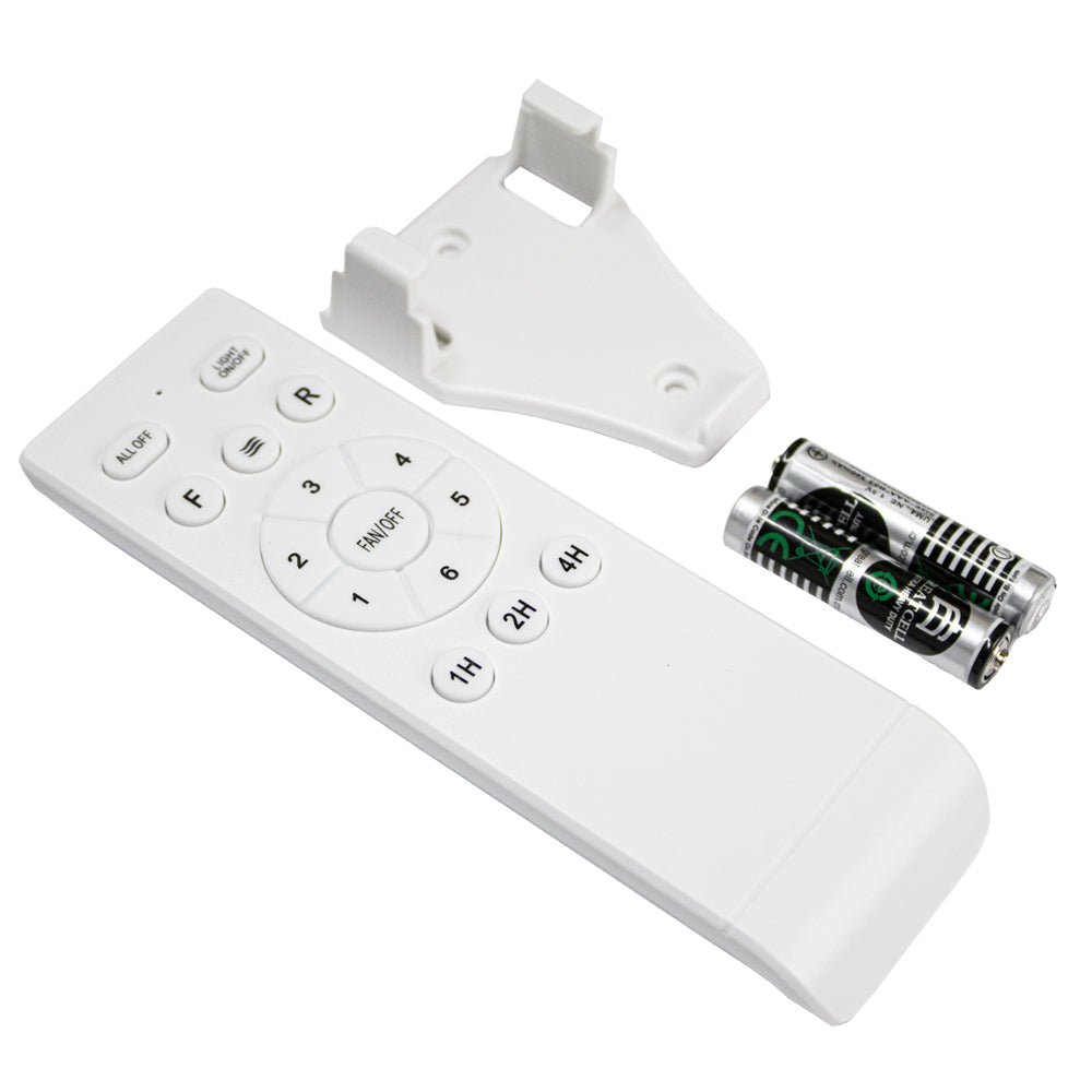 Afstandsbediening voor plafondventilator met wandhouder en batterijen, bovenaanzicht van volledige set met duidelijke weergave van knoppen en accessoires.