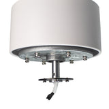 Onderzijde van een witte plafondlamp met metalen montageplaat en zichtbare bedrading voor elektrische aansluiting.