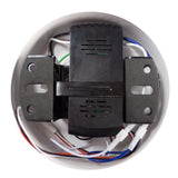 Bovenzicht van een elektronische spanningsverdeler in een ronde kunststof behuizing met zichtbare bedrading en montagesteunen.