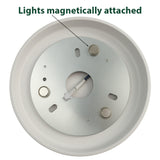 Ronde plafondlampbehuizing met magnetisch bevestigde montageplaat, bovenaanzicht met zicht op interne bedrading en magneetsluitingen.