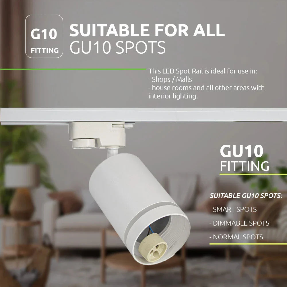 Wit GU10 railspot armatuur met cilinderdesign, geschikt voor diverse GU10 spotjes zoals slimme, dimbare en standaard spots, getoond in zijaanzicht gemonteerd op een witte rail in een moderne interieursetting.