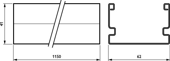 Technische tekening van een metalen profielplaat met een bovenaanzicht (links) en een dwarsdoorsnede (rechts), inclusief afmetingen van 1150 mm breed, 41 mm hoog en een profielbreedte van 62 mm – geschikt voor SEO-doeleinden.