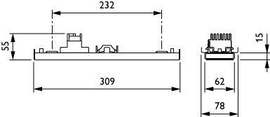 Technische tekening van een elektrisch component met afmetingen, zijaanzicht en vooraanzicht getoond, met duidelijk gemarkeerde lengtes van 309 mm, 232 mm, 78 mm, 62 mm, 55 mm en 15 mm – ideaal voor productpagina of specificatieblad.