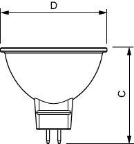 Technische lijntekening van een GU5.3 LED spotlamp met afmetingen, vooraanzicht met aanduiding van diameter (D) en hoogte (C).