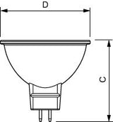 Technische lijntekening van een GU5.3 LED spotlamp met afmetingen, vooraanzicht met aanduiding van diameter (D) en hoogte (C).