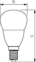 Technische lijntekening van een LED-lamp in vooraanzicht met aanduiding van de diameter (D) en totale lengte (C), geschikt voor productomschrijving en specificatie.