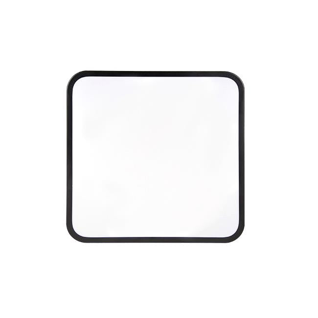 Vierkante witte spiegel met zwarte rand, vooraanzicht, minimalistisch ontwerp geschikt voor moderne interieurs of badkamers.