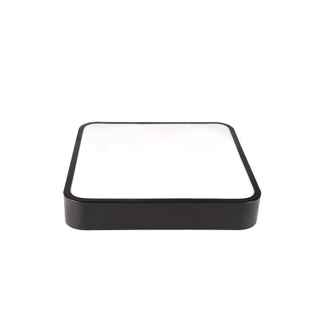 Vierkante zwarte LED plafondlamp met wit diffuus paneel, vooraanzicht.