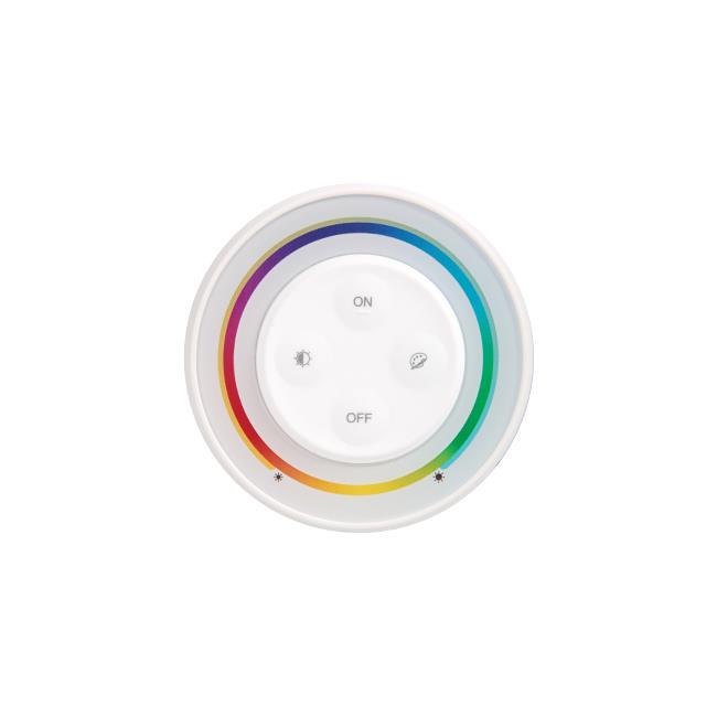Rond LED RGBW afstandsbediening met kleurencirkel en aan/uit-knoppen, bovenaanzicht