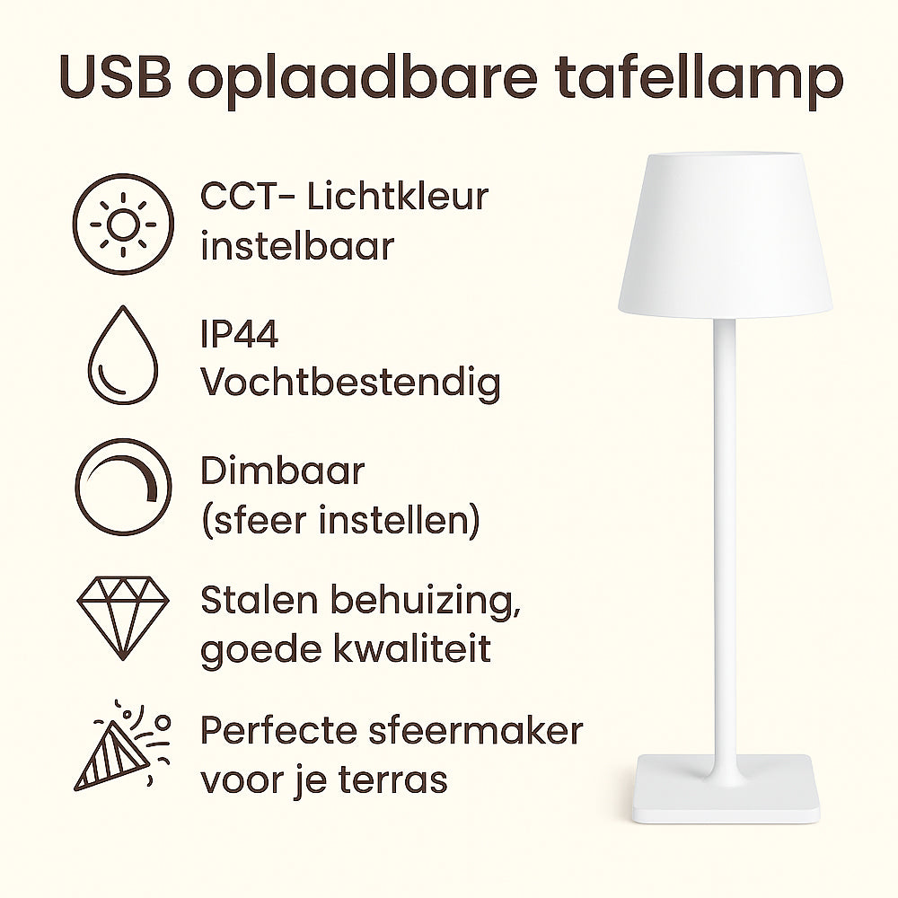 USB oplaadbare tafellamp in zijaanzicht met witte stalen behuizing, instelbare CCT-lichtkleur, dimbaar voor sfeerverlichting, IP44 vochtbestendig – ideale sfeermaker voor op het terras.