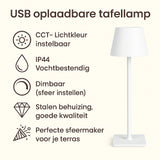 USB oplaadbare tafellamp in zijaanzicht met witte stalen behuizing, instelbare CCT-lichtkleur, dimbaar voor sfeerverlichting, IP44 vochtbestendig – ideale sfeermaker voor op het terras.