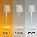 Witte tafellamp met kegelvormige kap, getoond in vooraanzicht met drie verschillende kleurtemperaturen van LED-verlichting: 3000K (warm wit), 4000K (neutraal wit) en 6000K (koel wit), opgedeeld in drie verticale secties.