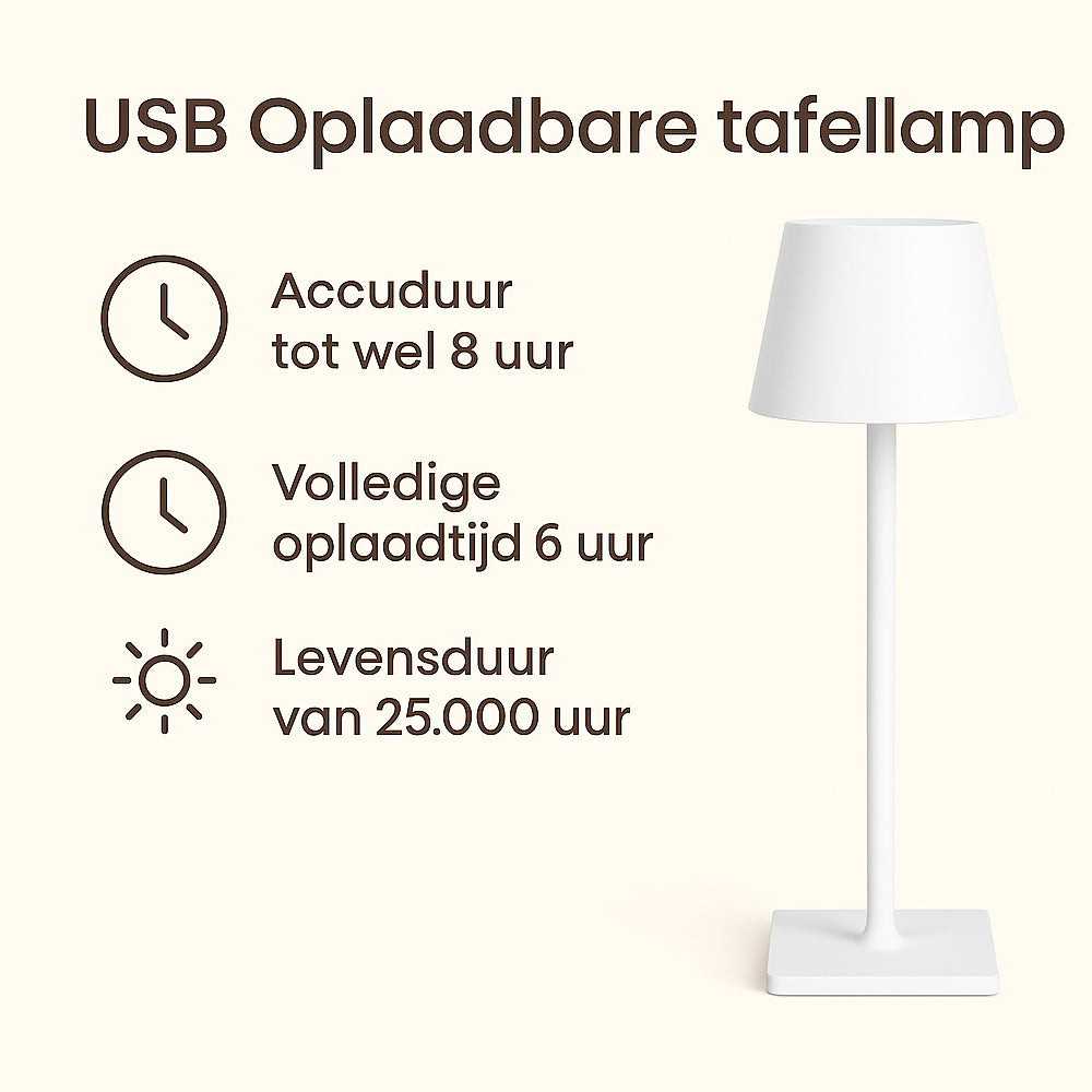 USB oplaadbare tafellamp in witte kleur, frontaal aanzicht, met informatie over accuduur tot 8 uur, oplaadtijd van 6 uur en een levensduur van 25.000 uur.