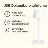 USB oplaadbare tafellamp in witte kleur, frontaal aanzicht, met informatie over accuduur tot 8 uur, oplaadtijd van 6 uur en een levensduur van 25.000 uur.