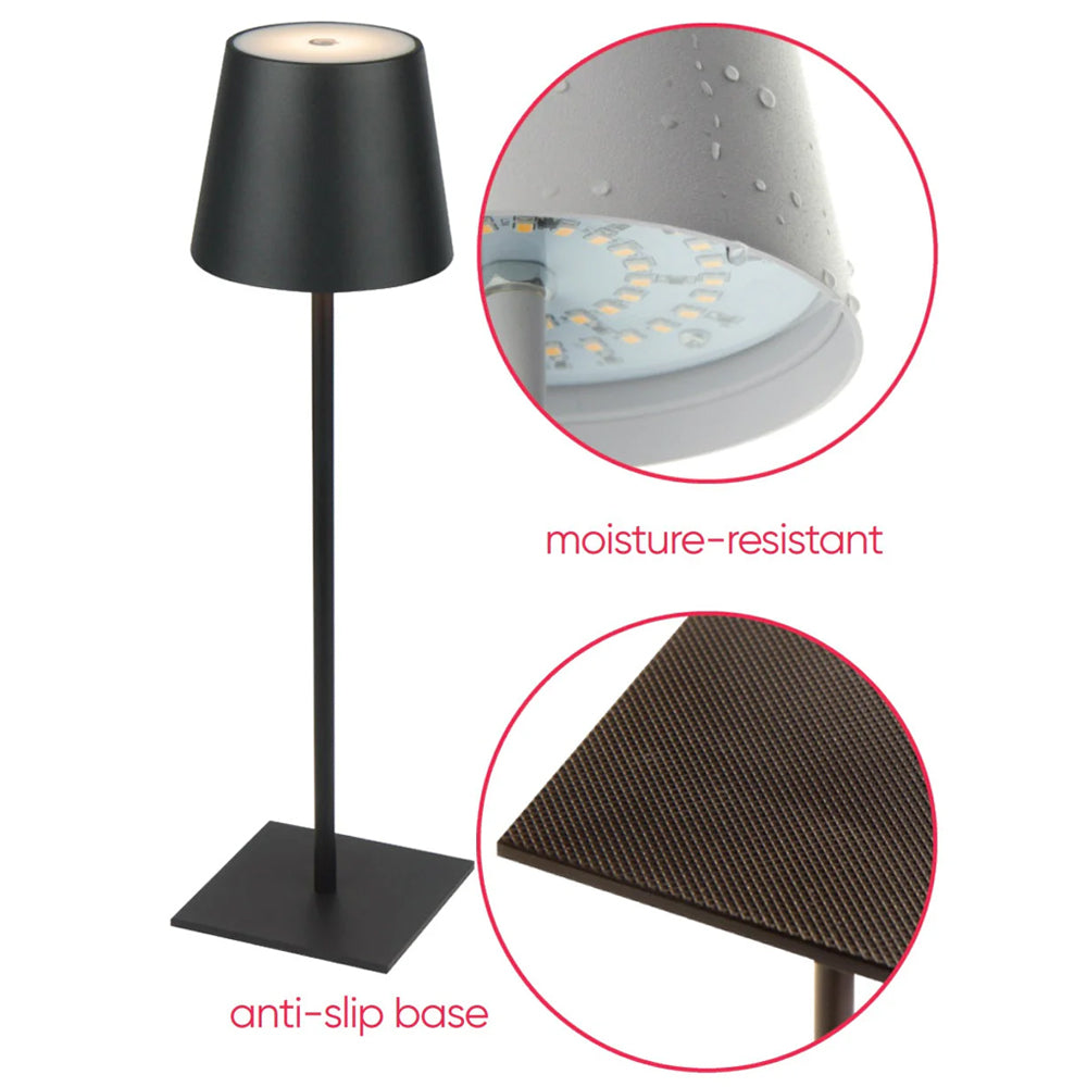 Zwarte moderne tafellamp met mat armatuur, vochtbestendig ontwerp en anti-slip basis, vooraanzicht met close-ups van de waterbestendige bovenkant en gestructureerde onderkant.