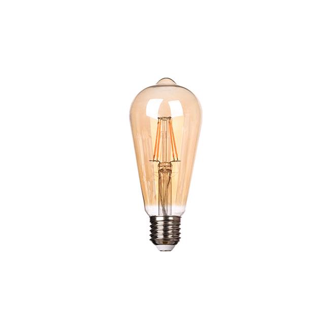 Amberkleurige LED filament lamp in retro Edison-stijl, E27 fitting, frontaal aanzicht tegen een witte achtergrond.