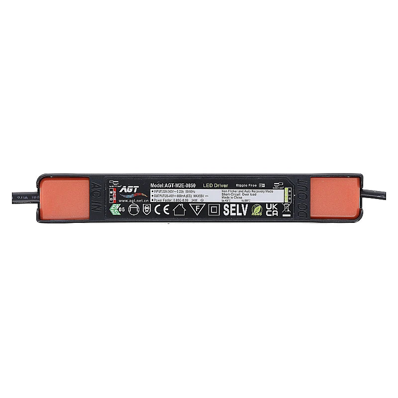 LED driver AGT-M2E-0850 stroomvoorzieningseenheid, bovenaanzicht met zichtbare technische specificaties en aansluitpunten voor AC-invoer en DC-uitvoer.