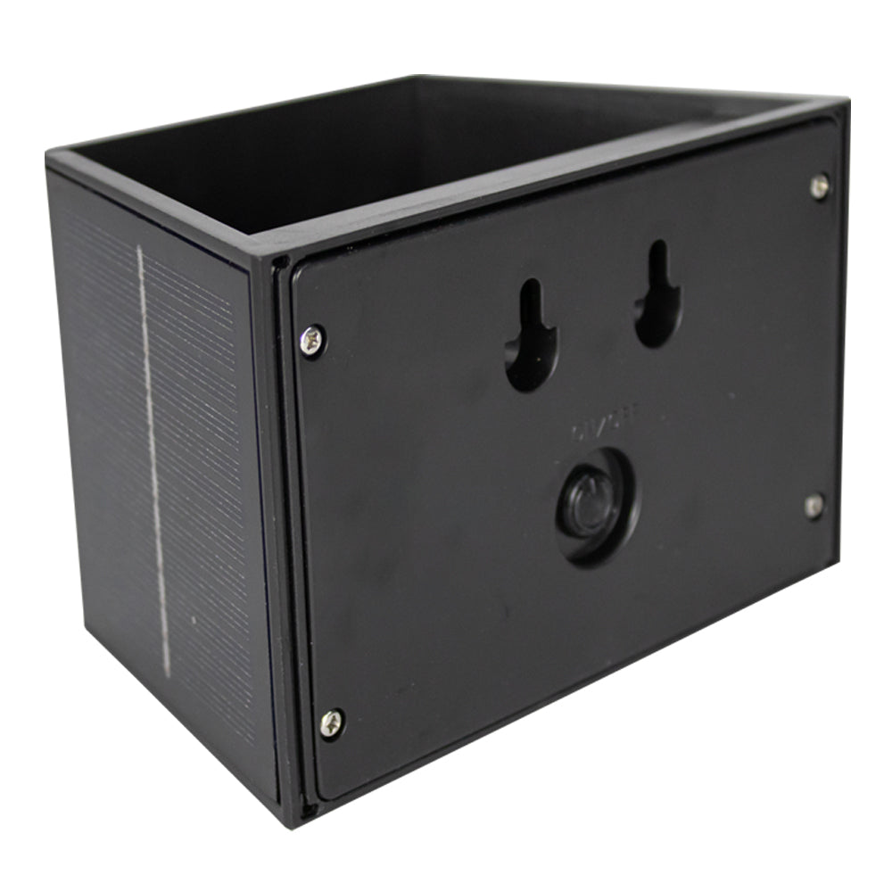 Zwart solar muurbakje met geïntegreerd zonnepaneel en bevestigingsgaten – schuin zij- en vooraanzicht.