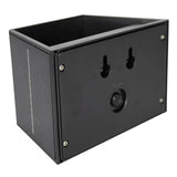 Zwart solar muurbakje met geïntegreerd zonnepaneel en bevestigingsgaten – schuin zij- en vooraanzicht.