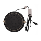 Ronde zwarte LED inbouwlamp met voedingsadapter en stroomkabel, bovenaanzicht op witte achtergrond.