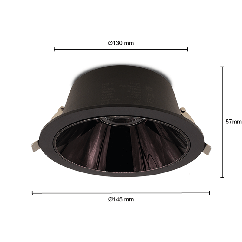 LED DOWNLIGHT | KERBER | CCT-SWITCH | Ø130MM | 16W | ZWART | Afmetingen