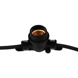 Close-up van een zwarte E27 fittingssokkel met voorgemonteerde elektriciteitskabels, frontaal aanzicht, geschikt voor gebruik in prikkabel verlichting voor buiten of binnen.