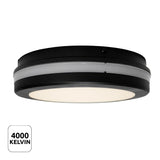 Zwart ronde LED plafondlamp met opaal witte diffuser, afgebeeld in zij-onderaanzicht, met een kleurtemperatuur van 4000 Kelvin voor neutraal wit licht.