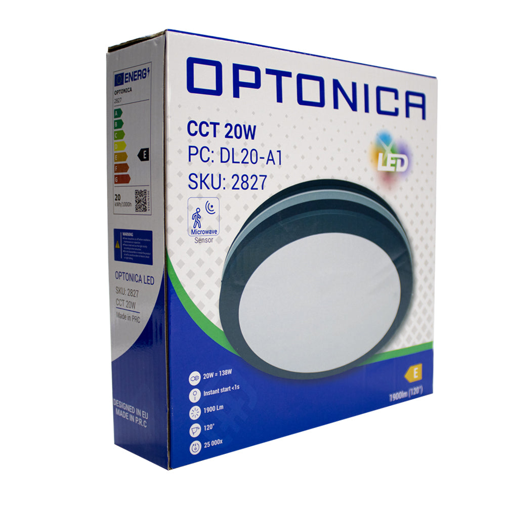Productverpakking van de Optonica LED plafondlamp CCT 20W (PC: DL20-A1, SKU: 2827) met microwave sensor, gefotografeerd in een hoekaanzicht dat de voor- en zijkant van de doos toont.
