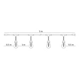 Technische lijntekening van een prikkabel van 5 meter met 4 fittingen en lampen, inclusief afmetingen en zijaanzicht van de kabel met afstanden tussen de lampen.