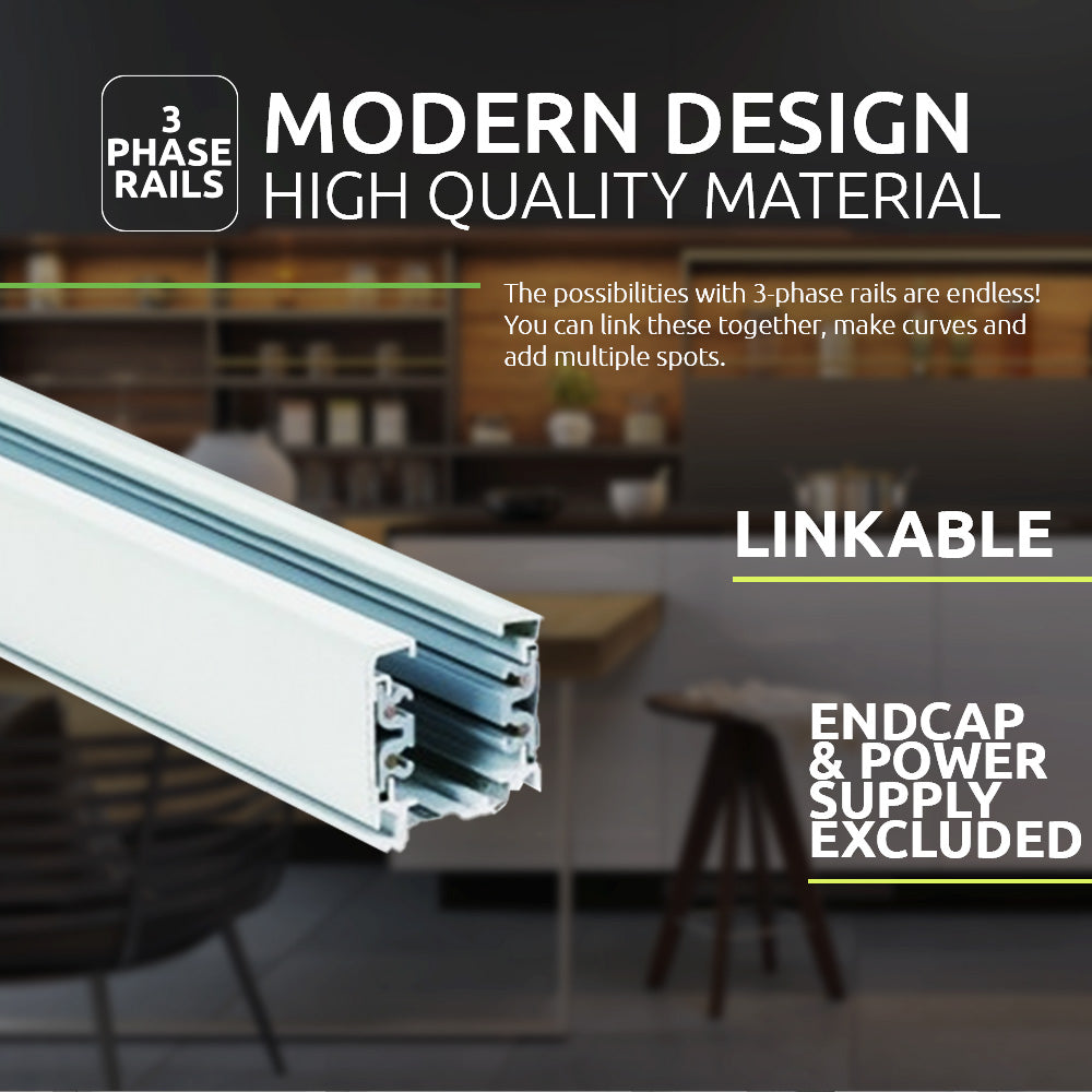 Close-up zijaanzicht van een moderne 3-fase rail voor verlichting, vervaardigd uit hoogwaardig materiaal, geschikt voor koppelbare toepassingen; eindkap en voeding niet inbegrepen.