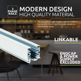Close-up zijaanzicht van een moderne 3-fase rail voor verlichting, vervaardigd uit hoogwaardig materiaal, geschikt voor koppelbare toepassingen; eindkap en voeding niet inbegrepen.