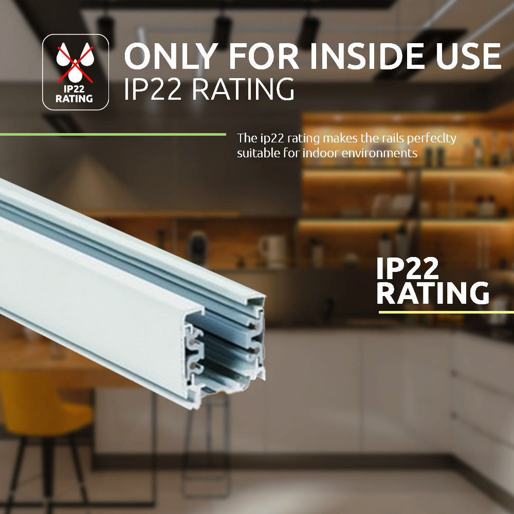 Close-up zijaanzicht van een binnen te gebruiken witte 3-fase rail met IP22-classificatie, geschikt voor indoor gebruik, weergegeven tegen een onscherpe keukenachtergrond.